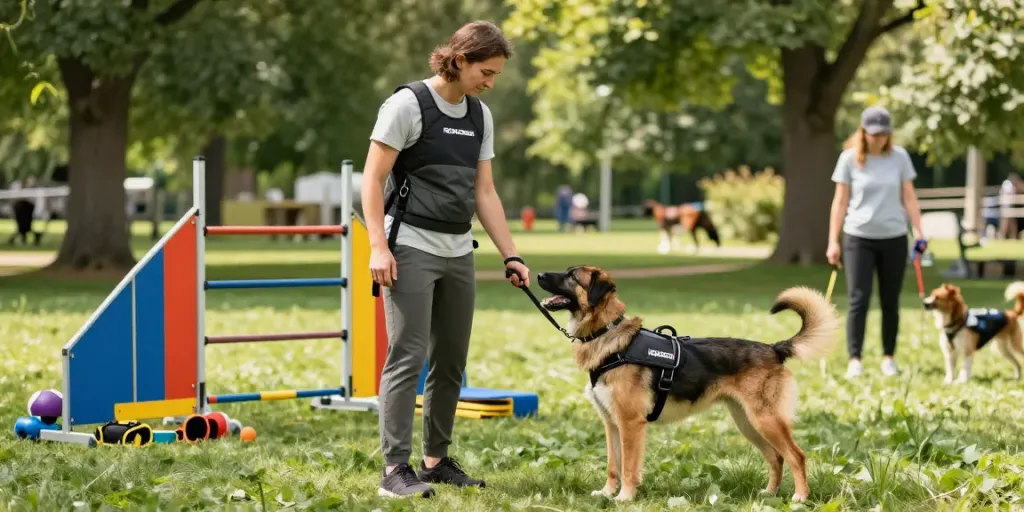 ROKOK88 K9 gear in use during a lively dog training session in a park.