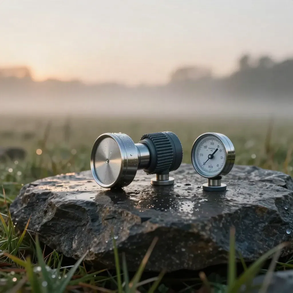 Vochtsensor, peildop, kleikern en regenmeter op natte steen in ochtendmist.