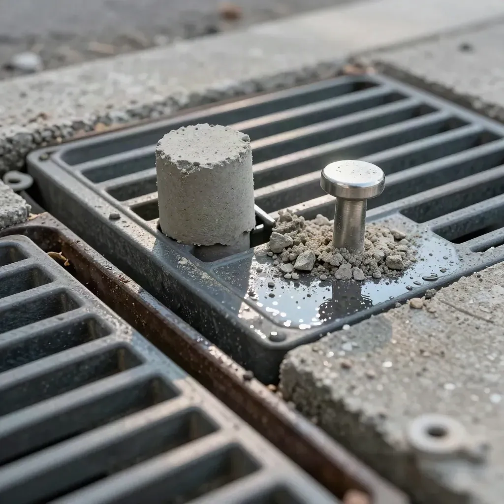 Straatkolkrooster naast betonnen kern en inspectiepin op donker beton, laag en dramatisch belicht.