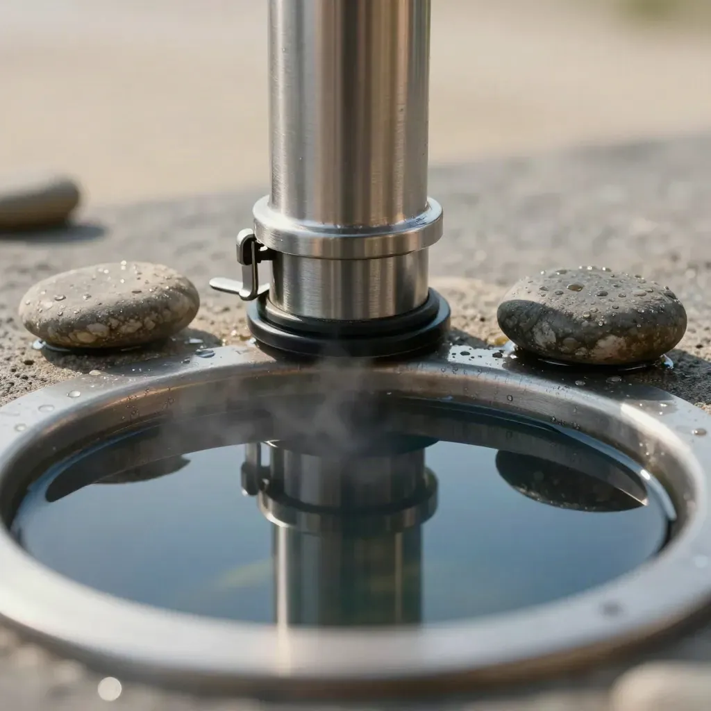 Bovenaanzicht van een peilbuis, klem en riviersteen op geborsteld metaal met stille waterreflectie.