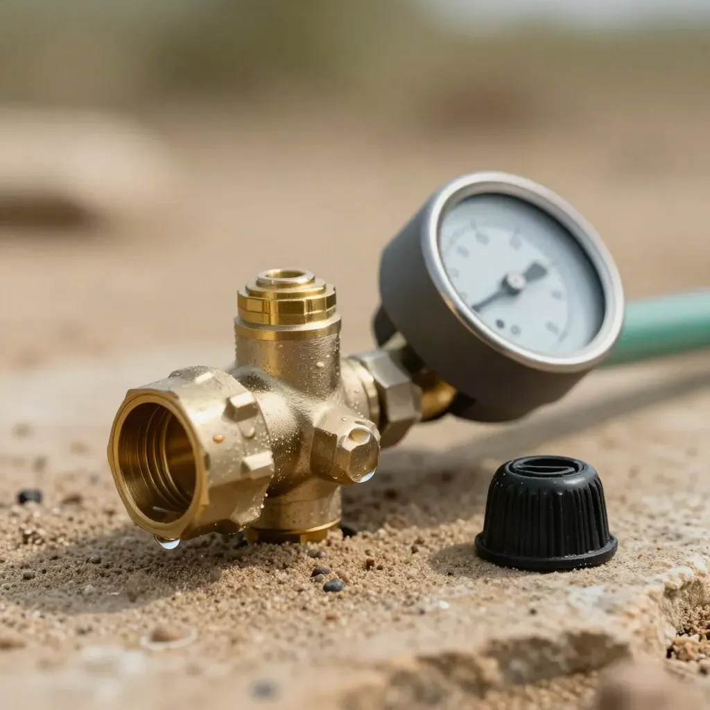 Macro van koppeling, drukmeterbehuizing en afsluitdopje op steen met waterdruppel.