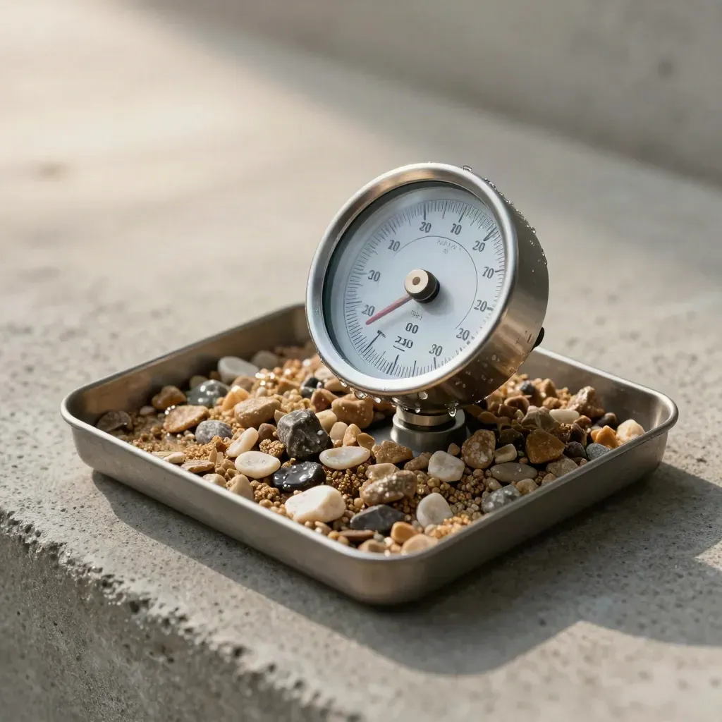 Close-up van regenmeter, sensorkop en nat grind op beton in zacht daglicht.