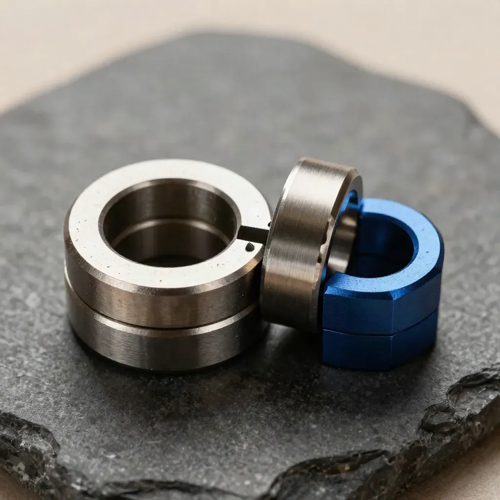 Twee precisiekoppelingen, metalen ringen en een blokje op grafietsteen van boven gefotografeerd.