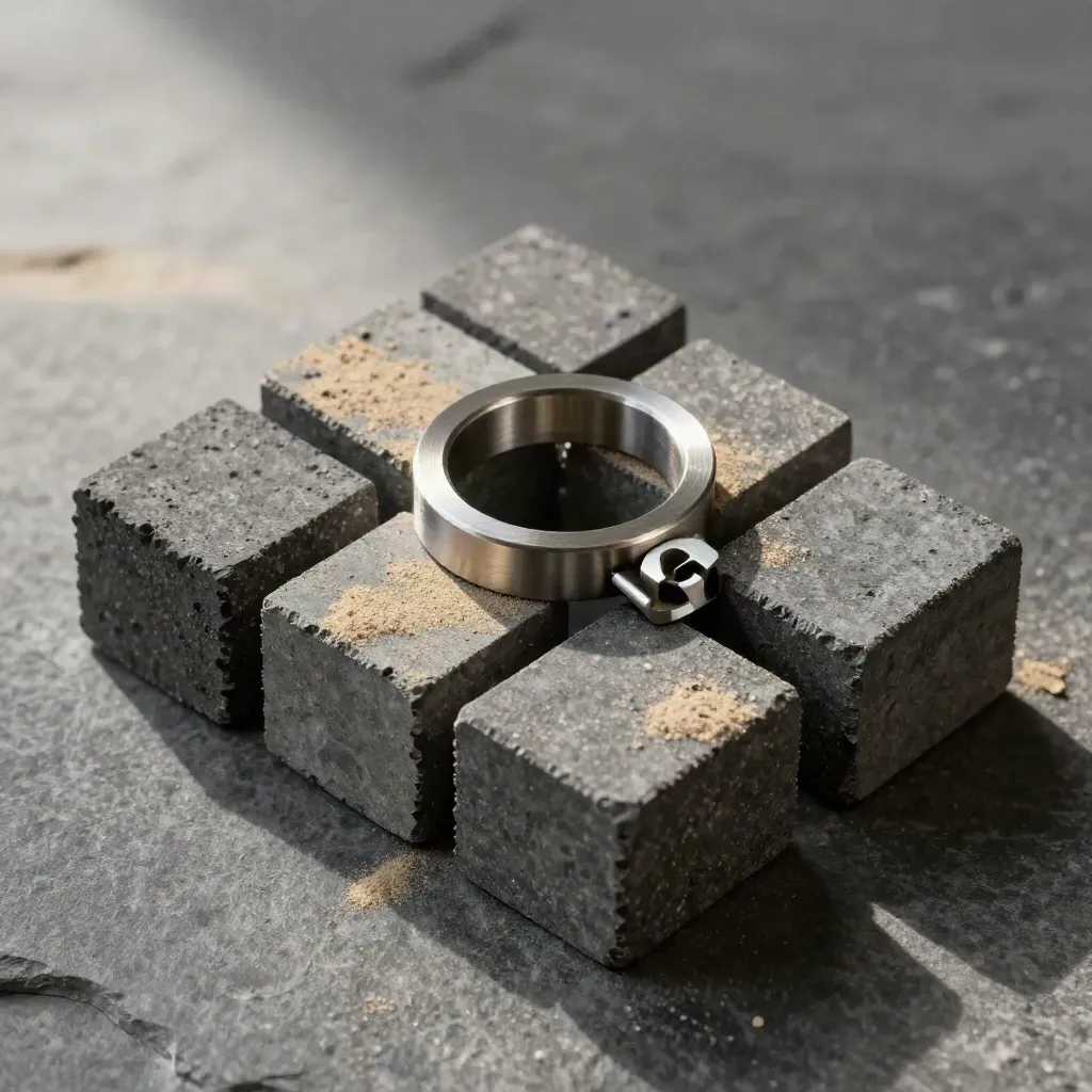 Bovenaanzicht van grijze modulaire blokken, een ring en connectorplaat op donkere steen.